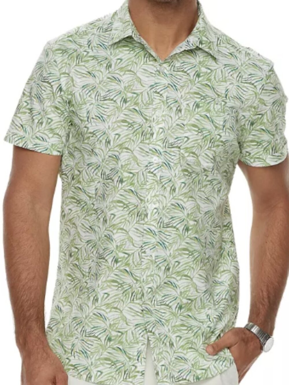 Marc Anthony Mens Size Green & White Palm Print Slim Fit Stretch Shirt - XL